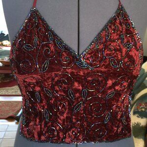 Rare, Vintage halter top, burgundy velvet with multi color floral bead work, Med